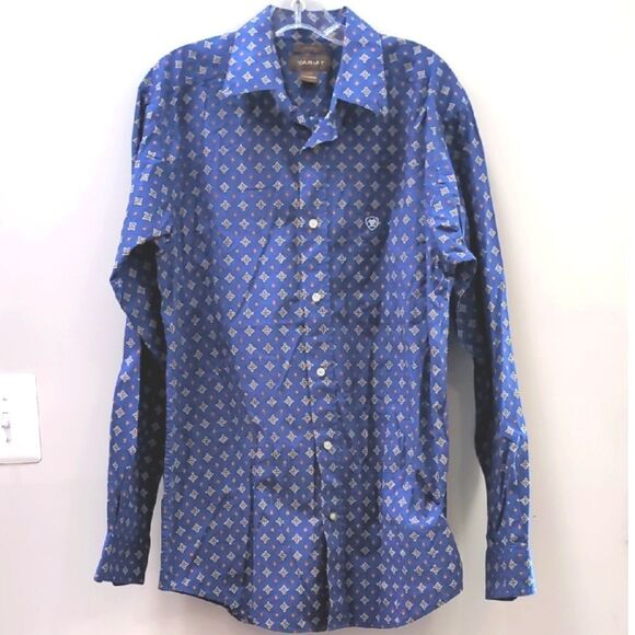 Ariat Blue Printed Western Cowboy Ranch Fitted Long Sleeve Button Shirt Sz L - Picture 1 of 9